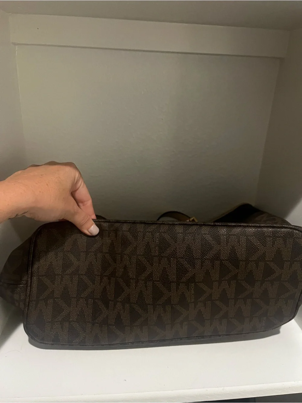 Michael Kors Brown Signature MK Logo Large Tote Shoulder Bag Gold Charm